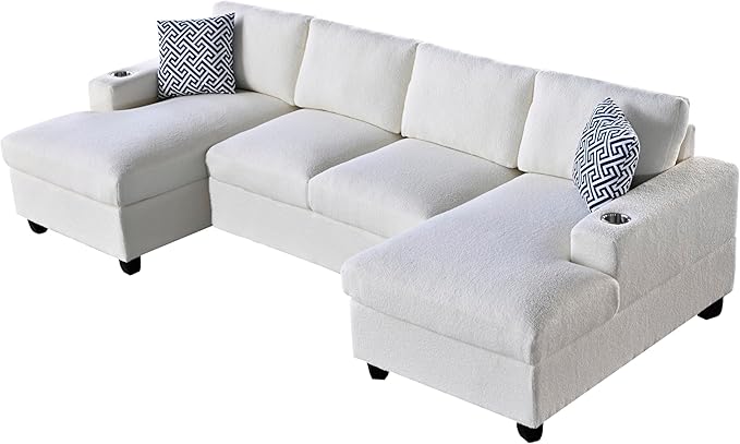 124-Inch Symmetrical Sectional Couch Wool Cloud Cushion Upholstered Sofas, U- Shaped Modular Sectional Sofa with Cup Holders and 2 Chaise Lounges for Living Room