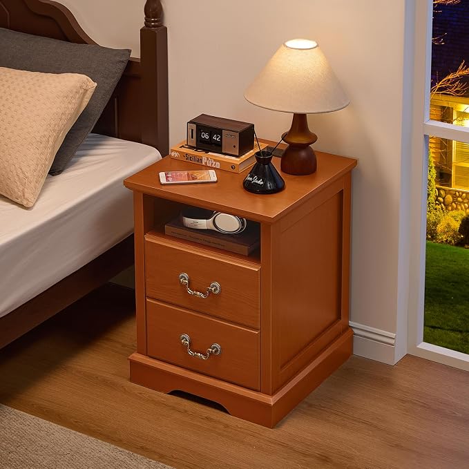 Farmhouse Nightstands with Charging Station,18" End Table with 2 Drawers,Farmhouse Nightstand with Vintage Handles, Bedside Cabinet for Bedroom,Caramel - Image 6