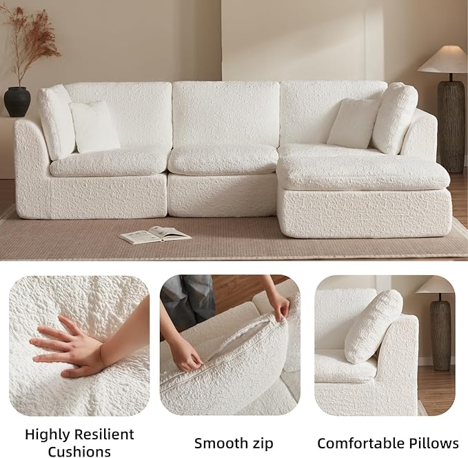 110" Cloud Sectional Couches for Living Room, Convertible L Shape Boneless Couch Chenille Fabric with Ottoman, 3 Seater Modular Sectional Sofa No Assembly Required, White