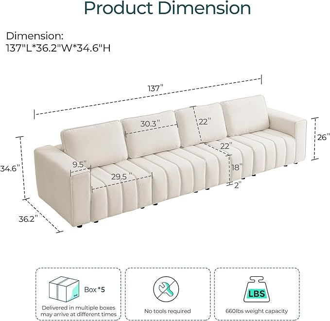 LINSY HOME 137" Modern Sofa Couches for Living Room, Modular Sectional Loveseat Sofa with Anti Cat Stretch Fabric and Metal Frame, Comfy 4 Seater Loveseat Oversized, Easy Assembly, Beige