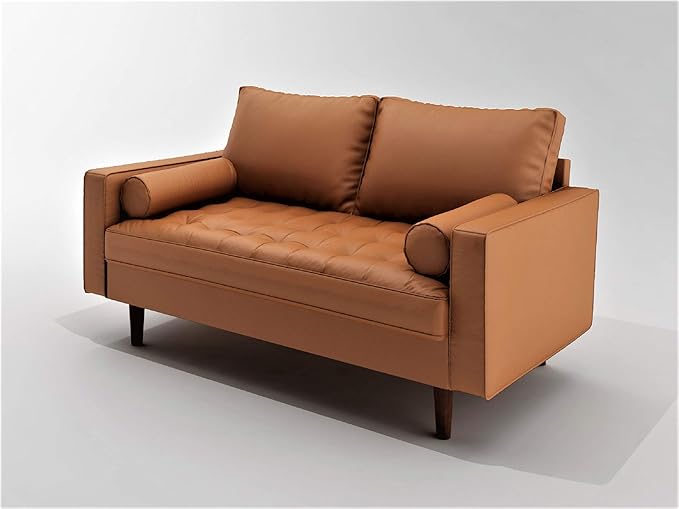 Womble Mid Century Modern Couch with Bolster Pillows, PU Leather Upholstered Tufted Seat, Versatile Retro Design for Comfortable Living Spaces, Loveseat, Sofa, Coffee Brown