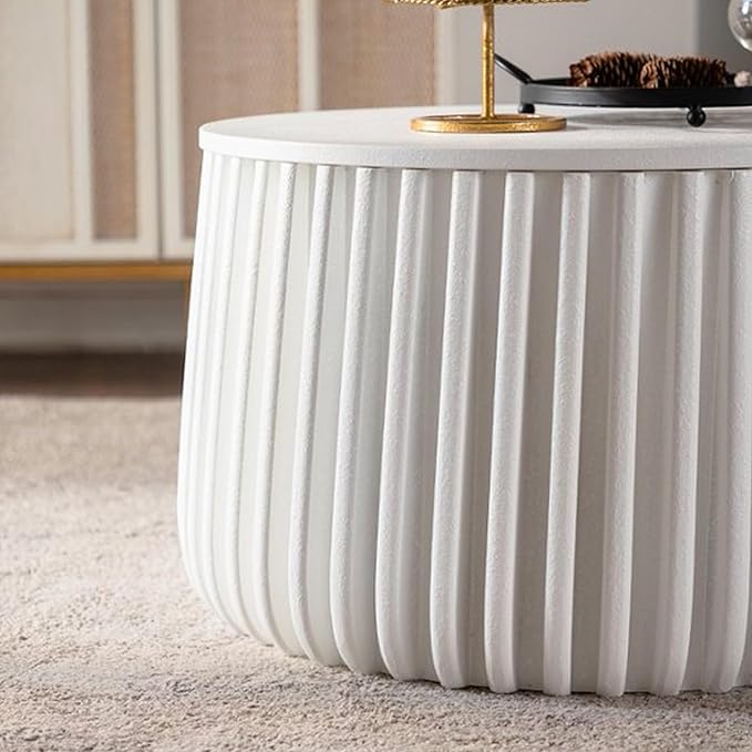 kevinplus 46.46'' White Round Coffee Table Set of 2 with Storage Space & Lift-Off Lid, Modern Circle Fluted Drum Nesting Coffee Table for Living Room, Curved-Edge Shape & No Assembly, White