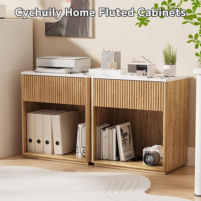 Modern Fluted Nightstand Set of 2 for Bedroom, Mid Century Bedside Table Set with Marble Top & Drawer, Wood End Table, 2 Farmhouse Night Stands for Guest Room, Hallway, Oak - Image 5