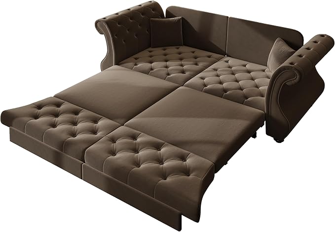 Eafurn Oversized 3-Seater Chesterfield Loveseat Convertible Queen Size Sleeper Couch Bed,Classic Tufted Velvet Pull Out Loveseat Sofa Bed with Roll Armrest and Solid Wood Legs