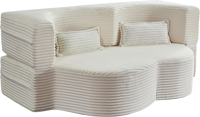 Ball & Cast 78" Convertible Sleeper Sofa Bed with Pillows, Corduroy Folding Mattress Couch Bed, Floor Futon Sofa Comfy Compressed Cloud Couch for Living Room,Beige