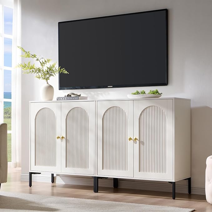 IFGET Modern TV Stands for 75 Inch TVs, 61.75‬"W Wood Entertainment Center w/Adjustable Shelves, Mid Century Modern TV Stand w/Arched Fluted Doors, Media Console Cabinet for Living Room, White by IFGETEnrichYourLivingSpace