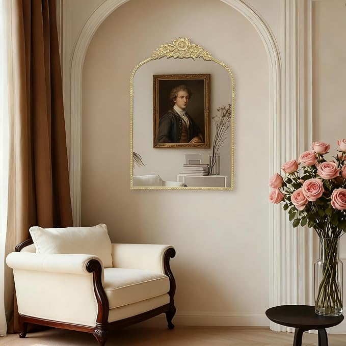 Arch Antique Gold Mirror, 24x36inch Baroque Style Vintage Metal Frame Wall Mirror Traditional Art Home Decor for Living Room, Bedroom, Entryway - Image 6