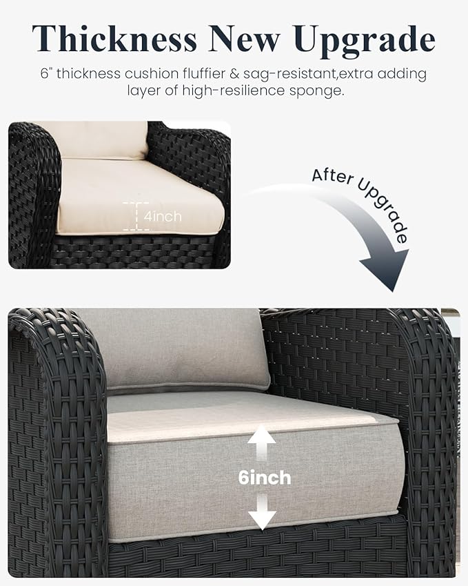 LayinSun 3 Piece Wicker Outdoor Furniture Set with 6-inch Comfy Cushions, High Back Patio Furniture Set with Rattan Armchairs and Side Table