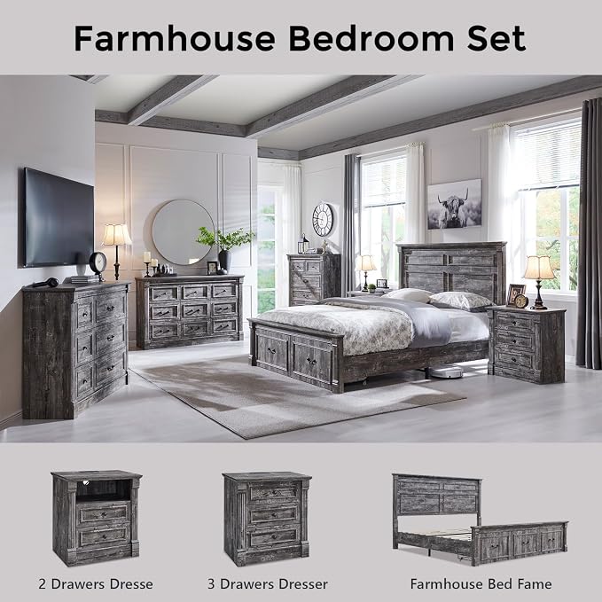 Aitjunz 26" Tall Farmhouse Nightstand, 3 Drawers End Table w/Charging Station, 23.6" Wide Large Side Table w/Roman Column, Wood Rustic Sofa Table for Bedroom, Light Gray - Image 7