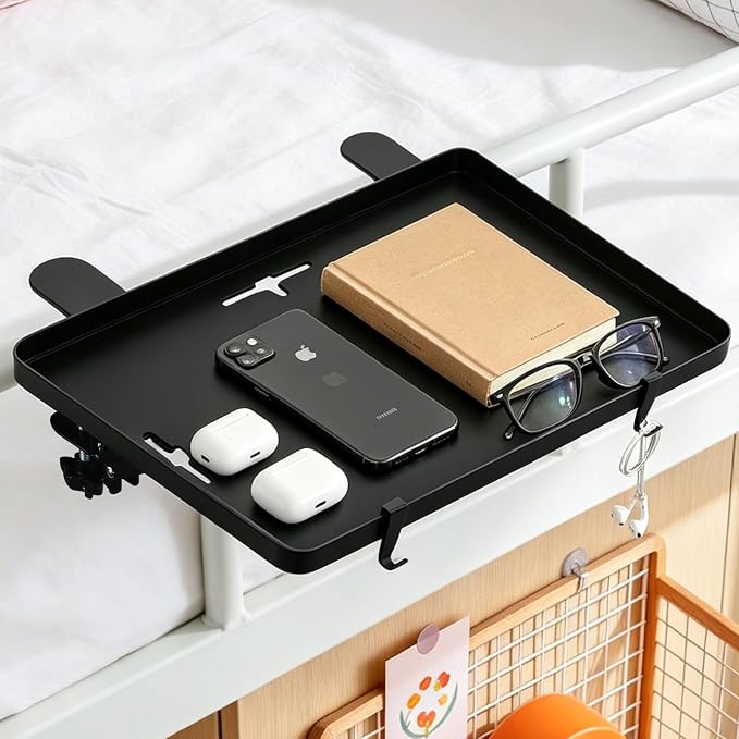 Bedside Bunk Bed Shelf for College Dorm Essentials, Bedside Caddy with Cable Catch & Bedside Organizer, Floating Nightstand for Bed Room, Office, Dorm Room, Metal Beside Tray, Bed Table, Black by Unknown