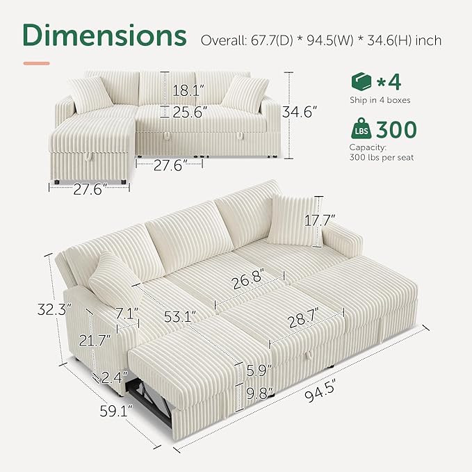 HONBAY 94.5 Inch Modular Sectional Sleeper Sofa with Pull Out Bed, Convertible L & U Shaped Couch with Storage & Adjustable Backrest, Velvet White