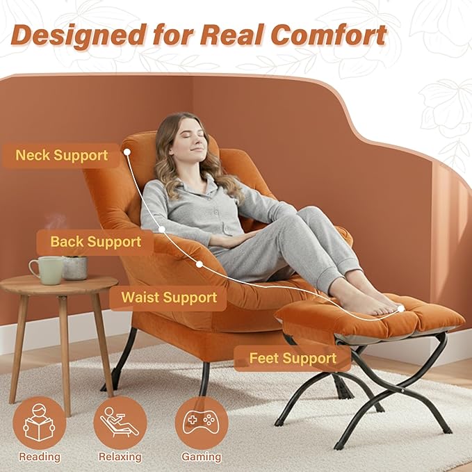 Lazy Chair and Ottoman, Large Accent Orange Velvet Chair with Side Pocket, Modern Leisure Upholstered Reading Armchair with Footrest for Office, Bedroom, Living Room, Dorm Rooms, Balcony