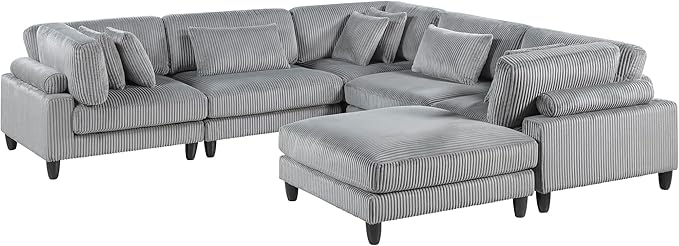 Lexicon 120 Inch Modular Sectional Sofa - Oversized 6 Seater Corduroy U Shaped Sectional Couch with Ottoman, 8 Accent Pillows, and Flexible Arrangement for Modern Living Rooms, Gray