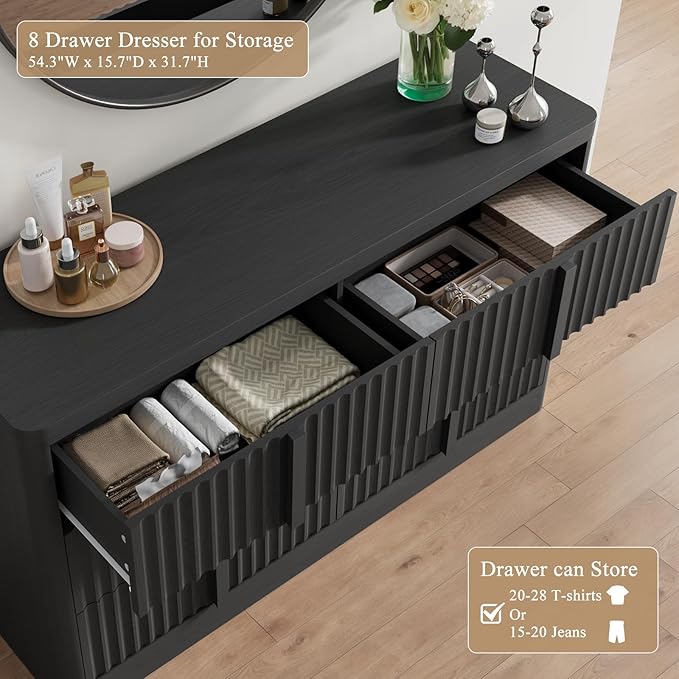 Fluted Dresser and Nightstand 3-Piece Bedroom Set, 47" Wide 6-Drawer Dresser and 2 of Nightstands with Charging Station, Curved Profile Design, Modern Bedroom Dressers Sets, Black