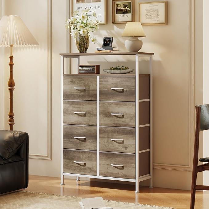 DUMOS Fabric Dresser for Bedroom with 8 Drawers, Tall 8-Drawer Chest of Drawers with Raised Shelf, Storage Tower with Fabric Bins for Closet Organization, Hallway Storage, Oak - Image 2