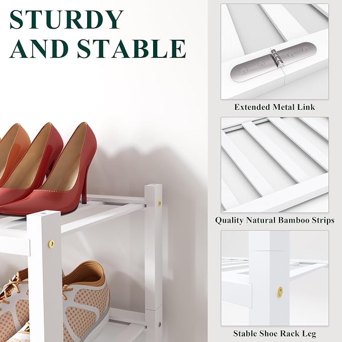 Smiry Shoe Rack, 4 Tier Bamboo Shoe Organizer, Stackable Free Standing Wooden Shoe Storage Shelf for Closet, Entryway, Front Door Entrance, White - Image 3