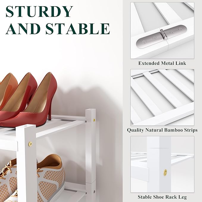 Smiry Bamboo Shoe Rack for Closet, 5 Tier Wooden Stackable Shoe Organizer, Free Standing Shoes Storage Shelf for Entryway, Front Door Entrance, White - Image 3