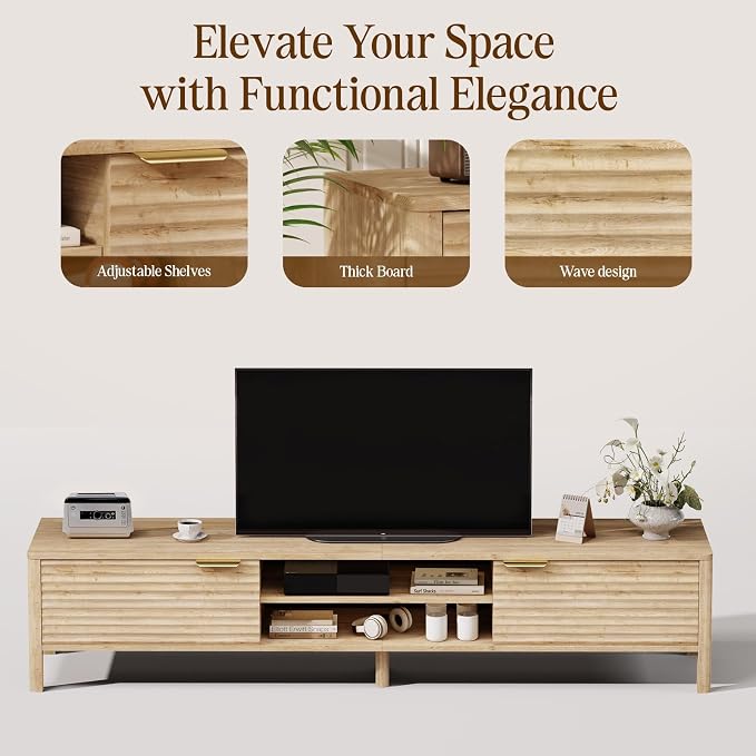 IKALIFE TV Stand for Living Room - up to 80 Inch TVs Mid Century Modern Entertainment Center with Storage and Adjustable Shelves, Media Console Table Oak 71" - Image 5