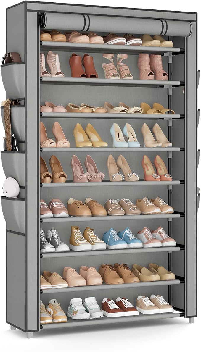 Shoe Rack with Cover, 10 Tier Shoe Organizer Storage for 40-50 Pairs Sneaker and Boots, Large Capacity, with 8 Pockets, Free Standing Tall Shoe Rack for Front Door Entrance, Closet, Grey by BRFOYU