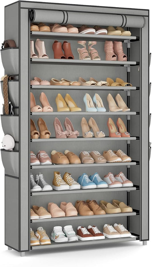 Shoe Rack with Cover, 10 Tier Shoe Organizer Storage for 40-50 Pairs Sneaker and Boots, Large Capacity, with 8 Pockets, Free Standing Tall Shoe Rack for Front Door Entrance, Closet, Grey by BRFOYU