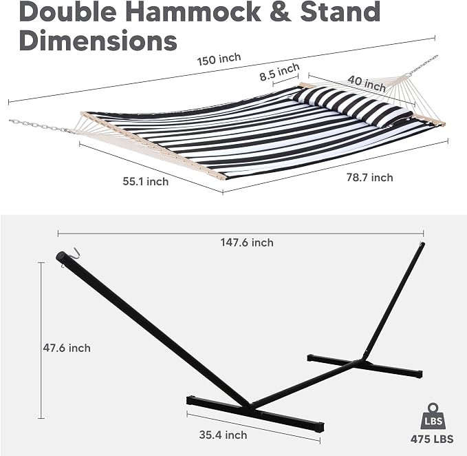 SUNCREAT Two Person Hammock with 12ft Stand Included, Max 475lbs Capacity, Heavy Duty Free Standing Hammock, Black Stripes - Image 6