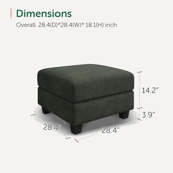 HONBAY Modern Corduroy Ottoman Module Sofa, 28.4 Inch Square Ottoman Bench with Storage, Green