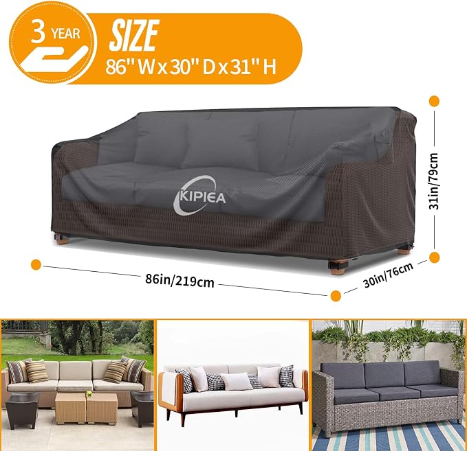 Kipiea Patio Sofa Cover, Heavy Duty Outdoor Couch Covers Waterproof Winter, 3-Seat Patio Furniture Cover Loveseat, Outdoor Sofa Covers with Anti UV and No Tears, No Fading (86"W x 30"D x 31"H) - Image 2