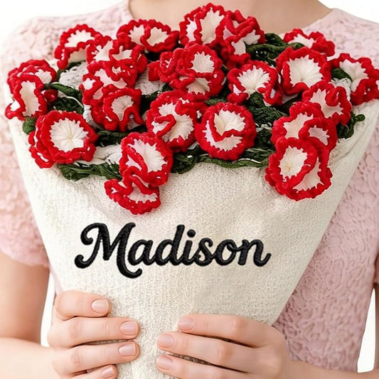 Personalized Handmade Crochet Rose Flower Blanket Bouquet – Custom Name Gift for Mother's Day, Valentine’s Day, Mom or Girlfriend（Carnations）