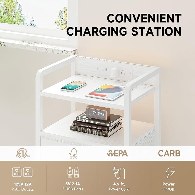 Lazzanto Night Stand Bedside Table Bedroom - White Nightstand with Charging Station & LED Light Strip, Morden Bed Side End Table with Storage Shelf & 2 Fabric Drawers, U-S-B Ports & AC Outlets - Image 5