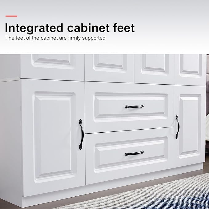 Wooden Armoire Wardrobe Closet White Large Capacity Storage Tall Clothes Cabinet with 4 Doors, Armoires and Wardrobes with 2 Drawers, 2 Hanging Rods and Shelves for Bedroom Armoire, White