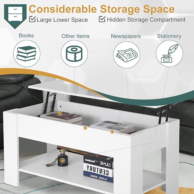 PayLessHere Coffee Table Lift Top Coffee Tables with Hidden Compartment and Storage Shelf Wooden Lift Tabletop Dining Table for Living Room Home (White, 39" D x 28" W x 24" H)