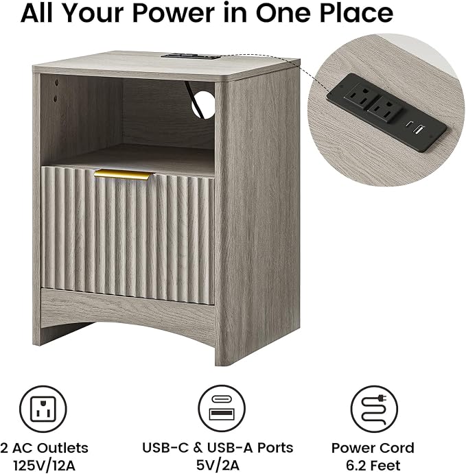 Amada Fluted Nightstands with Charging Station, End Table with USB Ports & AC Outlets, Wood Side Table for Bedroom, Deep Drawer & Storage Shelf, Set of 1, Grey - Image 4