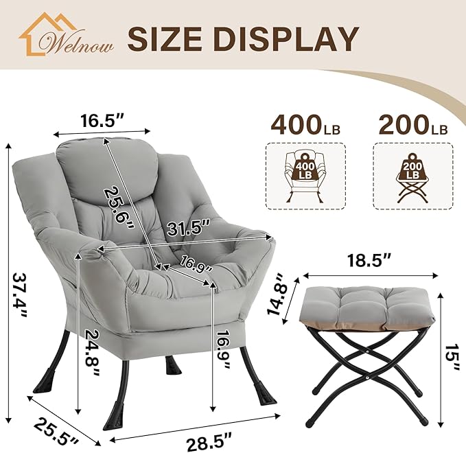 Welnow Lazy Chair with Ottoman, Modern Accent Chair with Armrests and a Side Pocket, Leisure Sofa Armchair Set, Reading Armchair with Footrest for Small Space, Light Grey