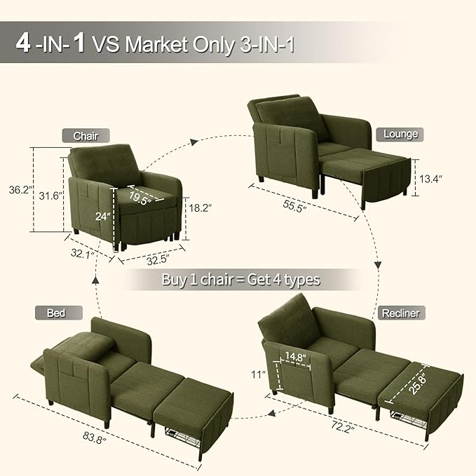 ZZW Sleeper Chair 84" Extra Long Convertible Chair Bed Upgraded 3-in-1 to 4-in-1 Pull Out Chair & Single Sofa Bed for Adult Sleeping Chair for Living Room Small Space (Modern Green)