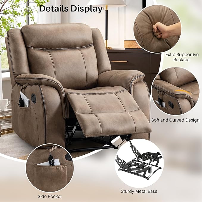 Massage Recliner Chair with Heat, Faux Leather Recliner Chairs for Adults, 39" Wide Manual Reclining Ergonomic Lounge Chair, Overstuffed Wall Hugger Recliners for Living Room, Nut Brown