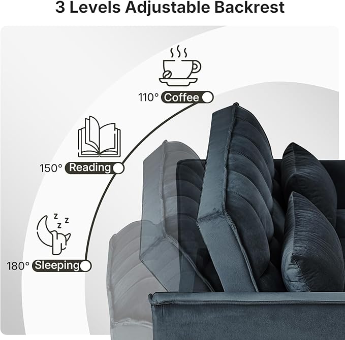 Rovibek 3 in 1 Sleeper Sofa Bed, 53'' Pull Out Couch Convertible Futon Loveseat with Adjustable Backrest, Velvet Sleeper Chaise Lounge Futon for Apartment Office Small Space, Black
