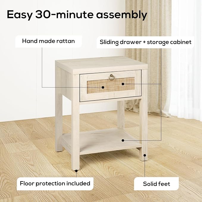 VOWNER Rattan Nightstands Set of 2 - Farmhouse Bedside Table Night Stand with Drawer and Storage Shelf, Boho End Side Table for Bedroom, Mesitas De Noche para Dormitorio, Light Oak - Image 7
