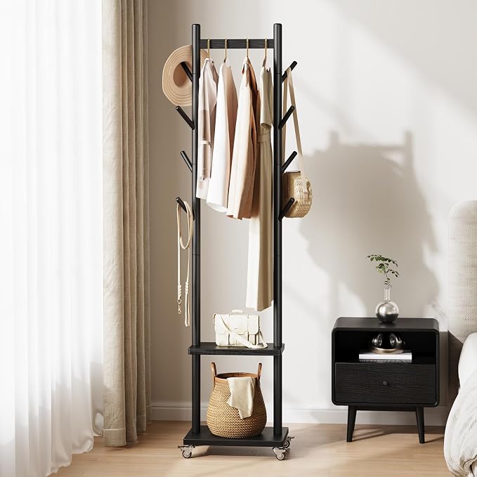 Yoobure Solid Wood Coat Rack Freestanding - Rolling Clothes Rack with 8 Hooks & Shelves, Small Clothing Rack with Wheels, Heavy Duty Clothing Racks for Hanging Clothes, Portable Hall Tree for Entryway by Yoobure