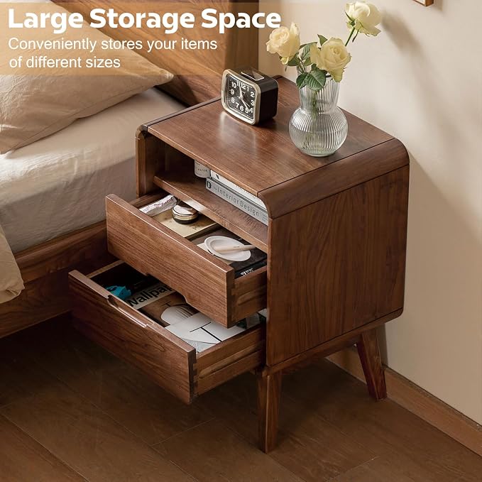 Solid Wood Nightstand Set of 2, Walnut Night Stand with 2 Drawers and Open Storage, Bedside Table for Bedroom, Mid Century Modern Nightstands for Dorm - Image 3