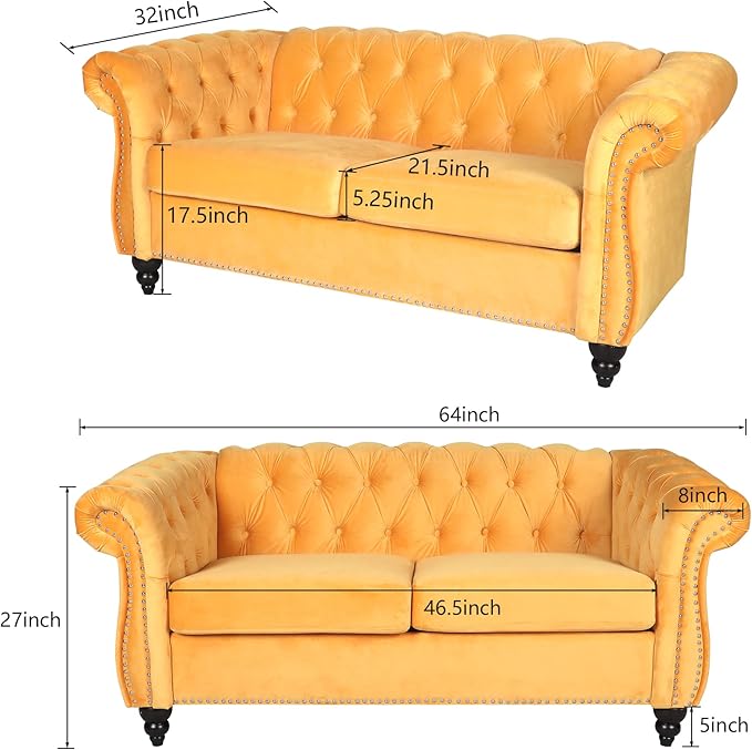 LEVNARY Velvet Sofa, Chesterfield Tufted Upholstered 2 Seater Couch, Modern Loveseat Couch Classic Furniture for Living Room Bedroom (Yellow)