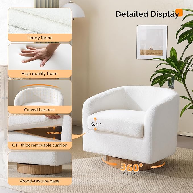 VINGLI 360°Swivel Accent Chair with Engineered Wood Base and Removable Cushion for Living Room, Bedroom, Curved Back Barrel Chair for Small Space, Upholstered Bucket Armchair, Teddy White