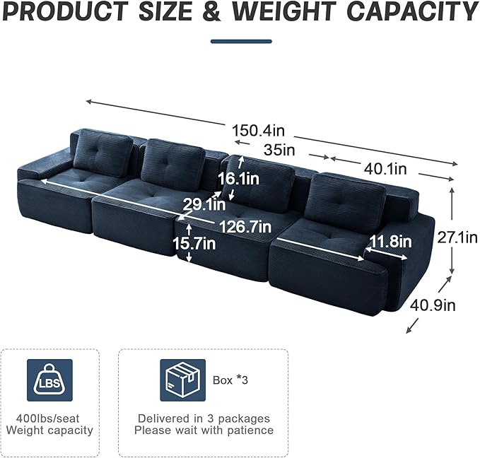 Casaphoria 150'' Blue Corduroy Cloud Couch, 4-Seater Boneless Sectional Sofa with 4 Pillows for Living Room, Deep Seat Sofa, No Assembly Required