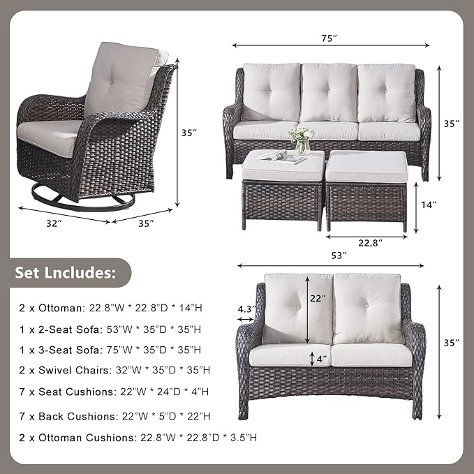 Rilyson Wicker Patio Furniture Set - 6 Piece Rattan Outdoor Sectional Conversation Sets with 2 Rocking Swivel Chairs,2 Ottomans,1 Sofa and 1 Loveseat for Porch Deck Garden(Brown/Beige)
