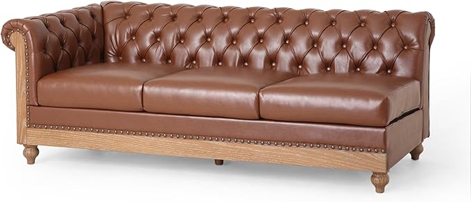 Merax PU Chesterfield Sofa, Retro Style Upholstered 6 Seater Leather Rolled Arm Couch for Living Room Bedroom Office, Light Brown
