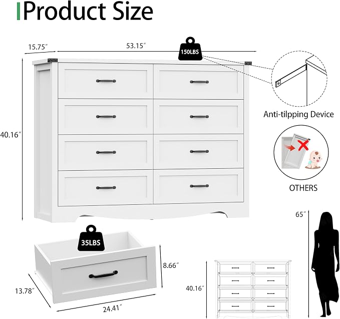 Dresser for Bedroom with 8 Drawers, 54" Wide Wood Chest of Drawers with Deep Drawers & Mental Handle, Modern Dresser TV Stand, Wooden Closet Storage Organizer for Living Room, Hallway, Entryway, White - Image 2
