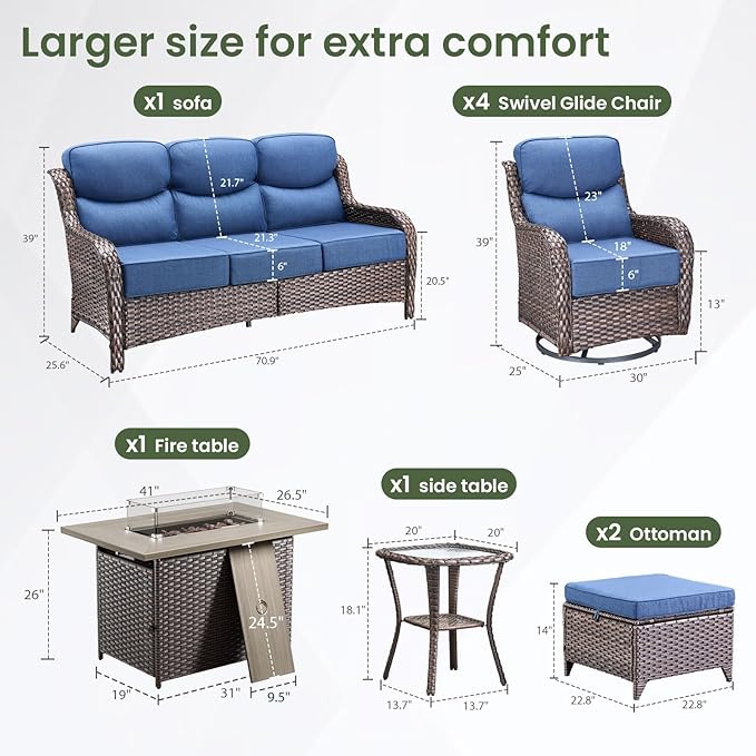 Luxury Patio Furniture Set with 6-inch Thick Cushion, Outdoor Furniture with Fire Pit Table, Swivel Chairs, Sofa, Side Table, Ottomans, 9pcs Wicker Conversation Set for Deck Yard and Poolside(Blue)