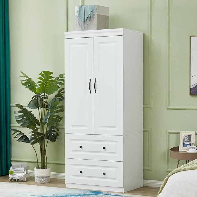GraceGrove Armoire Wardrobe Closet with 2 Doors and 2 Drawers Tall Cabinet Closet for Large Capacity White Closet Wardrobe Cabinet with Hanging Rail for Bedroom