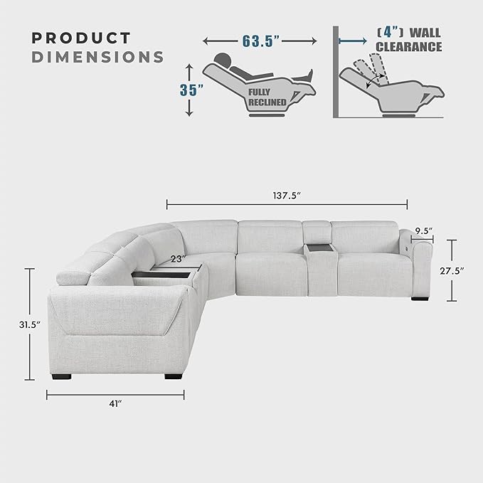 Lexicon Power Reclining Sectional Couches for Living Room-Modular Sectional Sofa, Wall Hugger, 3 Recliner Seats, 2 Console Cup Holders, Power Headrests, Charging Ports, 5 Seater Couch, Chenille Cloud