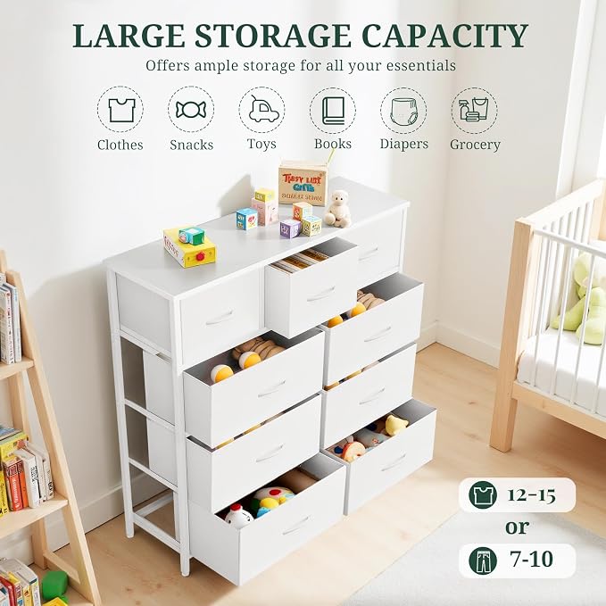 9-Drawer Dresser for Bedroom, Anti-Tip Tall Storage Organizer Chest of Drawers with Wooden Top and Metal Frame Fabric Bins for Closet, Living Room, Hallway, Entryway, White - Image 5