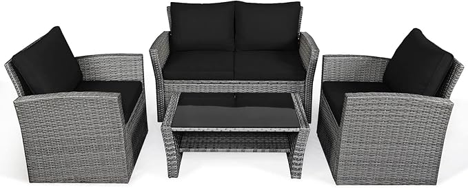 COSTWAY 4 Pieces Patio Rattan Furniture Set, Outdoor Wicker Sofa Set with Tempered Glass Coffee Table, Cushions, All Weather Rattan Conversation Set for Yard Balcony Backyard Pool (Black)